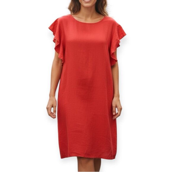 Lungo L’Arno Red Linen Shift Dress Ruffle Sleeve Made in Italy Size M/L - Picture 1 of 11